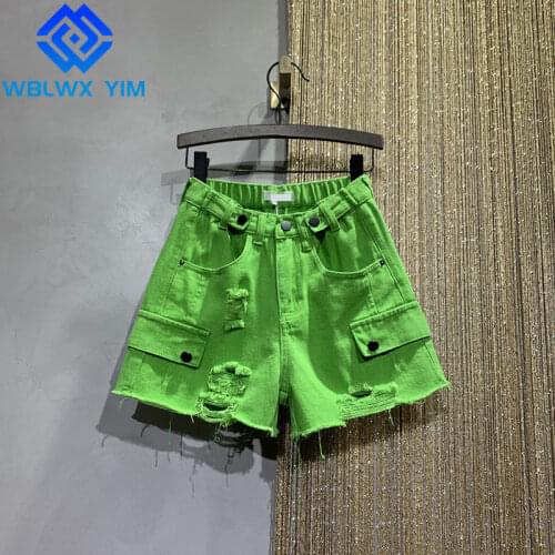 Summer Women Denim Shorts Fashion Hole Pocket High waist Jeans Shorts Female Streetwear Elastic waist Straight Short Pants Jeans
