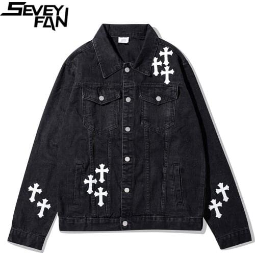 SEVEYFAN Mens Denim Jacket Cross Embroidered Wash Distressed Loose Denim Coat Fashion Personality Denim Jacket Male