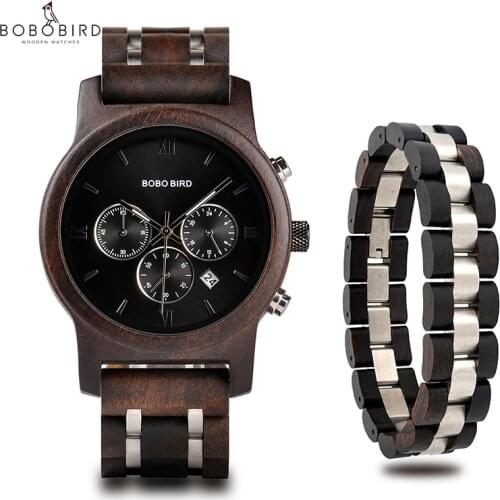 Relogio masculino BOBO BIRD Men Watch Bracelet Set Wood Timepiece Chronograph Military Quartz Watch in Wooden Box Mens Gifts