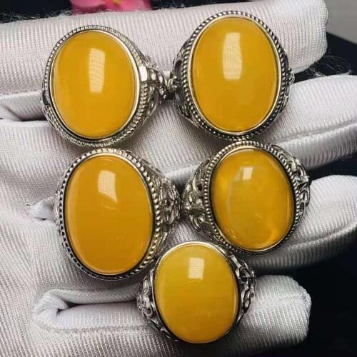 2Pcs/Lot natural amber ring men jewelry S925 sterling silver inlaid adjustable bagu homme vintage aliança de namoro Wholesale
