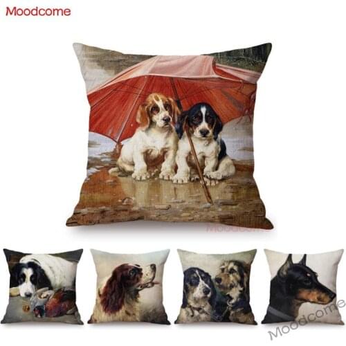 Puppy Dog Oil Painting Art Throw Pillow Case Car Pillow European Style Cute Animal Sketch Cotton Linen Decorative Cushion Cover
