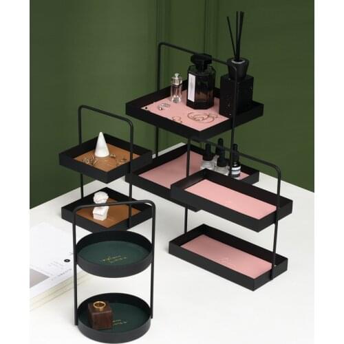 Nordic Style Ins Wrought Iron Leather Double Layered Storage Rack Home Decoration Storage Jewelry Plate Display Stand