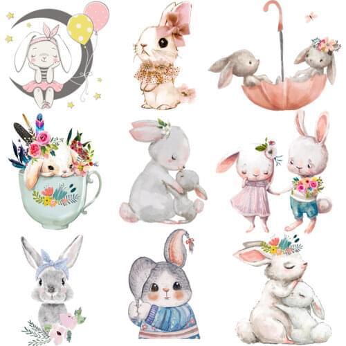 Pulaqi Cute Animals Rabbit Patch Heat Transfer For Clothing Iron On Transfers On Clothes Thermo Stickers ForKids T-shirts DIY