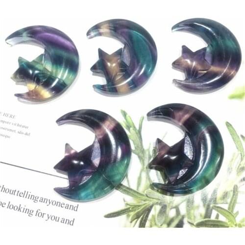 Rainbow Fluorite Moon Star Hand Carved Crystals Healing Gemstones For Home Decoration