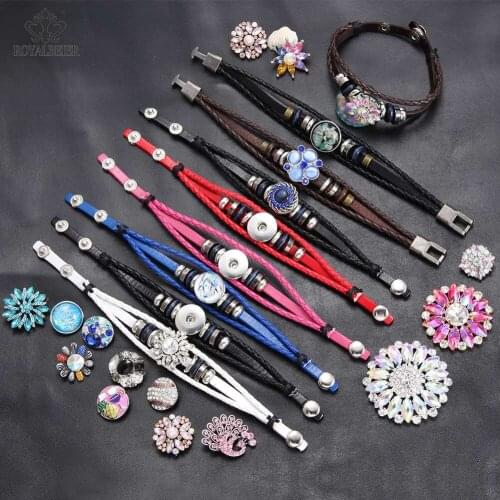 ROYALBEIER Hot Sale Mixed 10pcs/lot Snap Leather Bracelet Retro Handmade Braided Fit 18mm Leather Snap Button Bracelet Bangles