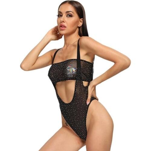 Rhinestones Fishnet Suits Off Shoulder Sexy 2 Piece Set Transparent Lingerie Set Clubwear Outfit
