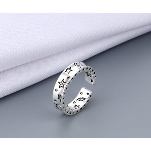 Punk Ancient Silver Color Happy Smiling Face Open Rings for Women Vintage Adjustable Stars Leaves Ring Fashion Jewelry Best Gift