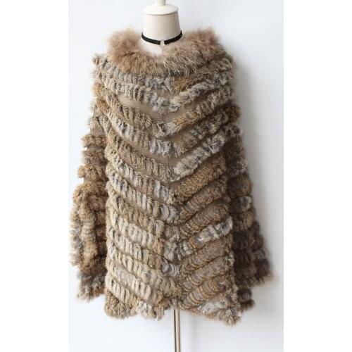 New Genuine real natural knitted rabbit fur shawl with raccoon fur collar womens fashion Batwing sleeve pullover