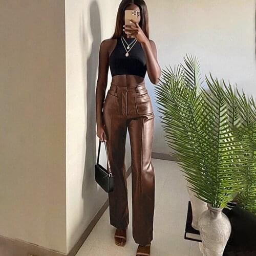 WomenS High Waist Leather Pants Solid Color Straight Pants With Pockets 2021 Spring And Autumn New High Street Fashion Casual