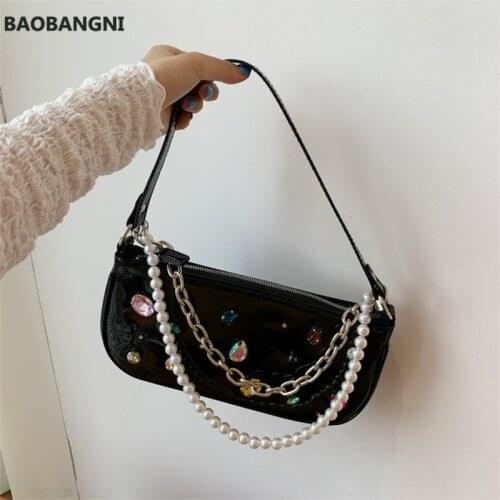 Women Fashion Diamond Underarm Bags Small Exquisite Handbags Versatile Pearl Chain Single Shoulder Crossbody Bags Stone Pattern