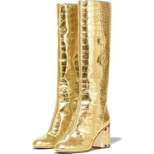 Gold Crocodile Pattern Women High-Tube Boots Large Size Rhinestone Chunky Heel Long Boots Female High Heel Party Knight Boots