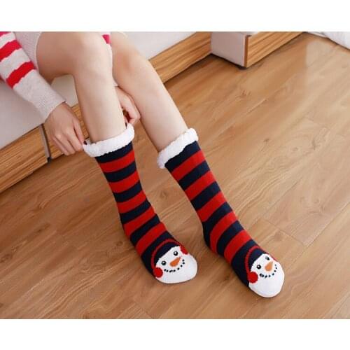 Female Winter Thickening With Lamb Wool Floor Socks Christmas Snowman Silicone Anti-Slip Sleep Socks