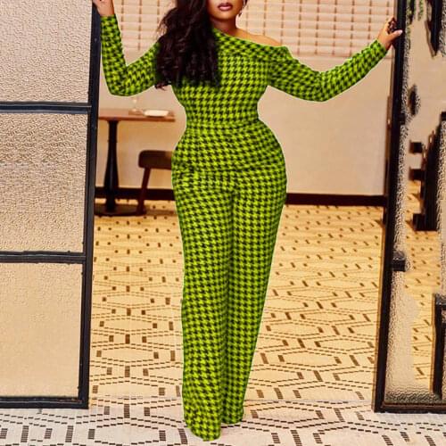 3 Colors Spring 2021 New African Green Long Jumpsuits Sexy One Shoulder Printed Rompers Playsuits Fashion Long Sleeve Jumpsuits