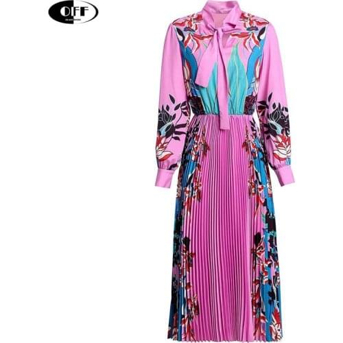 Runway flower printed midi dress lady elegant long sleeve bow Pleated retro midi dresses for women Elastic clothing vestidos