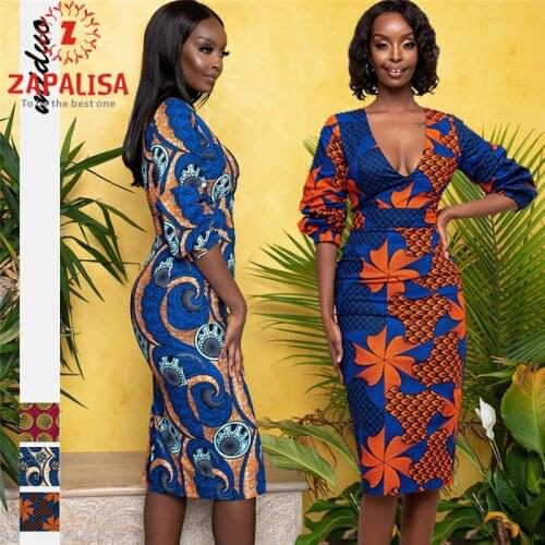 Retro Women Summer Print Pencil Dress Patchwork Design Zipper Decor V-Neck Three Quarter Sleeve High Waist Slim Hips Dress
