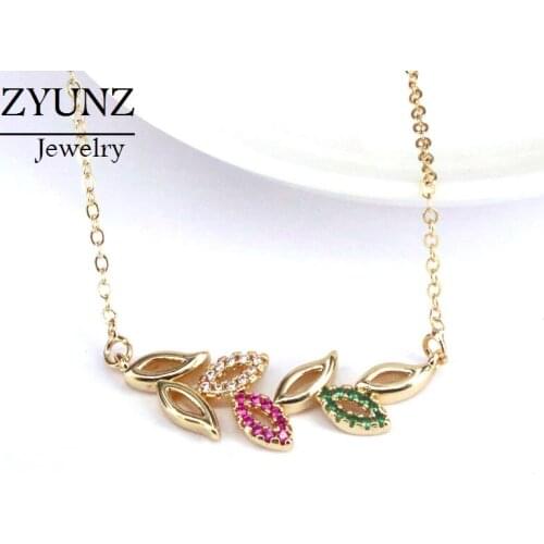 10PCS, Gold Color Rainbow Micro Pave CZ Leaves Pendant Necklaces For Women Jewelry Friend Gift