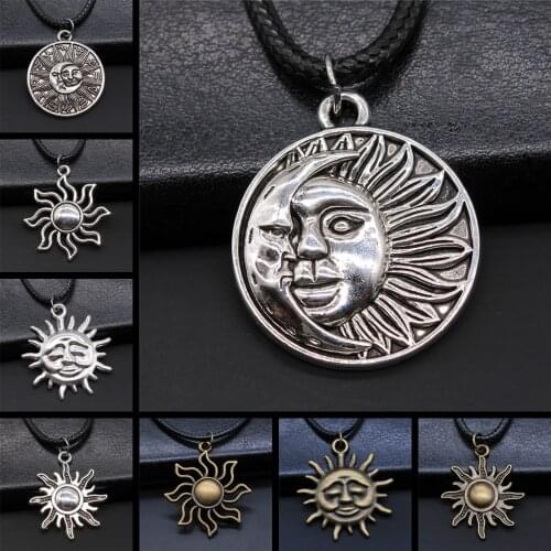 2 Colors Sun And Moon Totem Pendant Black Leather Chain Necklace Sun And Moon Amulet Necklaces For Women