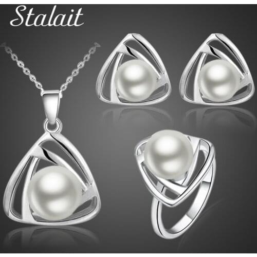 2019 New Fashion Brand Bridal Jewelry Set Silver Color Simulated Pearl Pendant Necklace Earrings Rings Jewelry Sets 29073