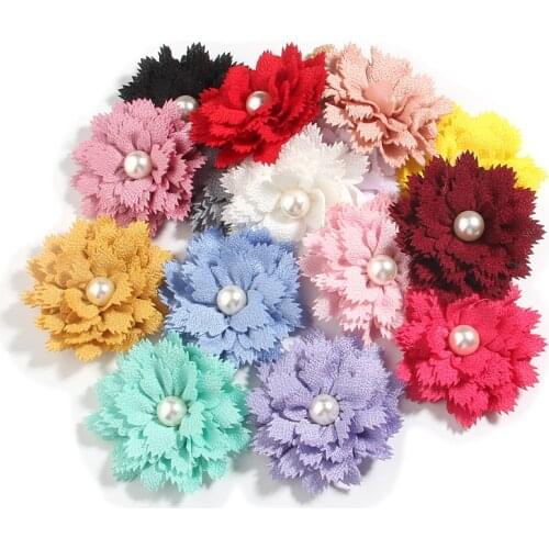 60Pcs 7.5cm 3" Satin Fabric Flowers For LaceTrim Patch Applique Pearl Mesh Gauze Artificial Flower Boutique For Wedding