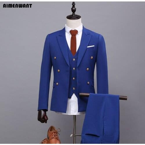 AIMENWANT Blazer 2018 Spring Blue 3-Piece Suit uk Gentle Man Double Breasted Suits Customize Size Business Blazer Sets As Gift