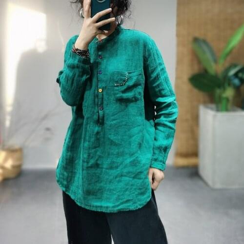 Women Loose Spring Autumn Embroidered Cotton Linen Blouse Shirt Tops Ladies Vintage Solid Color Shirts Female Blouses