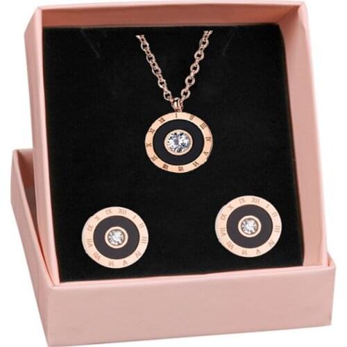 316L Stainless Steel Big CZ Roman Numerals Black Enamel Pendant Necklace Earring Set Wedding Jewelry Set