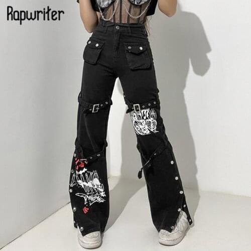 Rapwriter Y2K Patchwork Black Pants Stylish Denim Pants y2k Trendy Printed Trousers Gothic Mid Waist Pants Casual Streetwear 90s