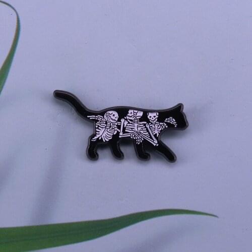 Black cat with skeleton pin creepy cartoon brooch Halloween gift