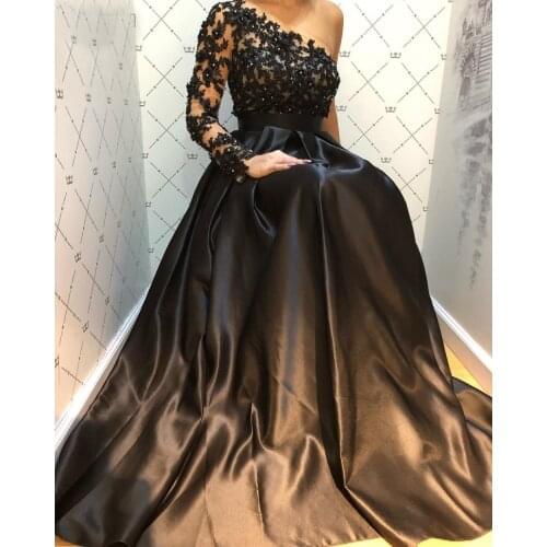 Long Satin One Shoulder Prom Dresses 2021 Long Sleeve Beaded Appliques Formal Evening Party Ball Gowns Robe De Soiree