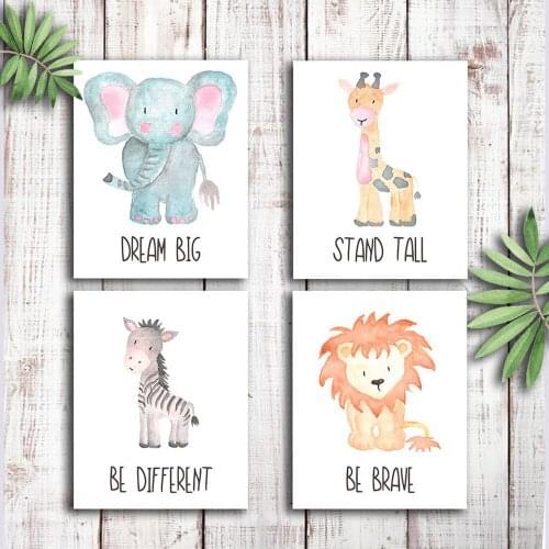 Be Brave Dream Big Cartoon Cute Animal Giraffe Elephant Wall Art Poster Canvas Painting Nursery Picture Home Decor For Kids Room