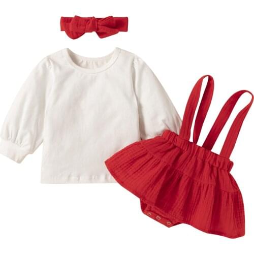 Baby Girls Three-Piece Clothes Set Solid Color Pullover Suspender Dress And Bow Knot Headdress Casual Cute Daily Wear 0-24 M