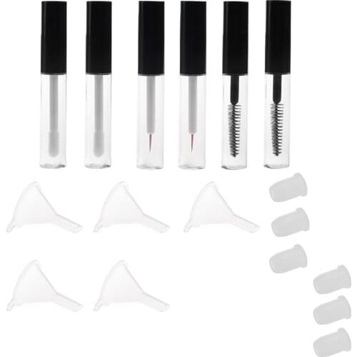 Set of 6pcs 4ml Reusable Empty Mascara Tube Eyeliner Lip Gloss Eyelash Growth Oil Vials With Funnels for Travel