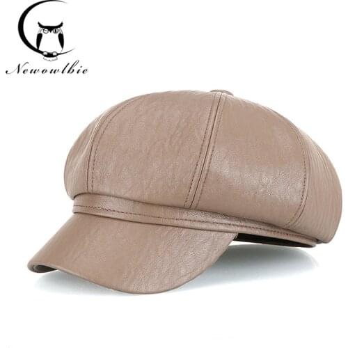 New autumn and winter warm womens octagonal hat dome long brim baseball cap Pu bud hat fashion