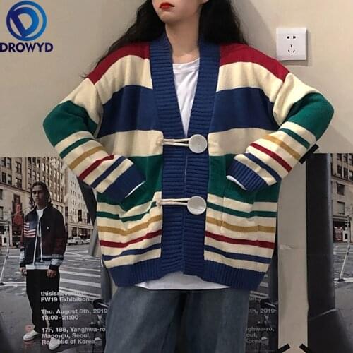 2021 Autumn and Winter Korean Style Retro Rainbow Stripes Warm Knit Cardigan Sweater Jacket Trendy Women Single-breasted Jacket