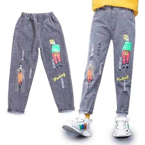 2-12 Years New Girls Cartoon Character Print Denim Pants Casual Girls Jeans Childrens Clothing Girl Pants CUHK Childrens Jeans