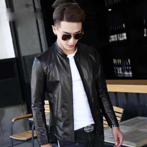 First Layer Goat Skin Jacket Genuine Leather Clothes Mens Motorcycle Slim Fit Handsome Trendy Coat