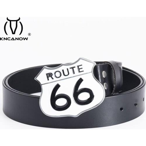 Men Casual Waist Belts Route 66 Cowboy White Buckles Punk Style Wide Genuine Leather Belt Fashion Male High Quality Jeans Strap
