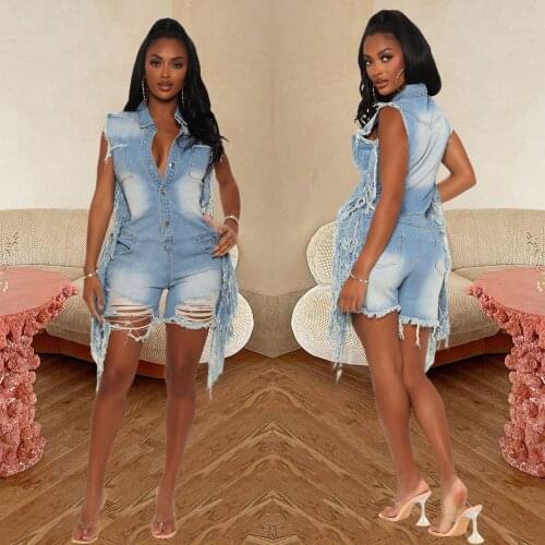 Sexy Bodycon Sleeveless Tassel Denim Playsuit Women Jeans Short Pants Set Jumpsuit Denim Overall Party Club Outfits