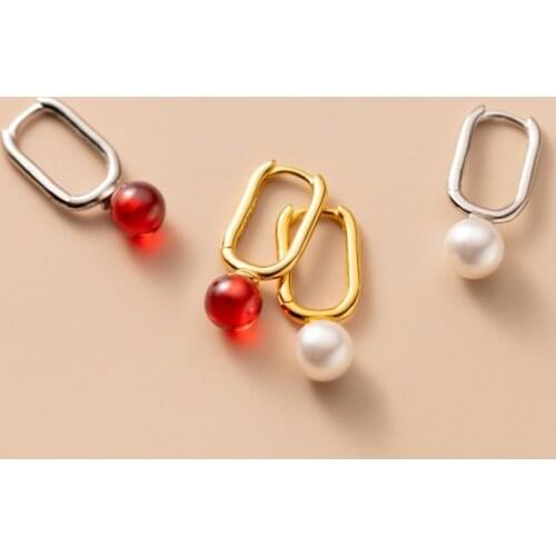 925 Sterling Silver Hoop Earrings Synthetic Pearl Red Garnet Womens Ear Earrings Charm Fine Jewelry