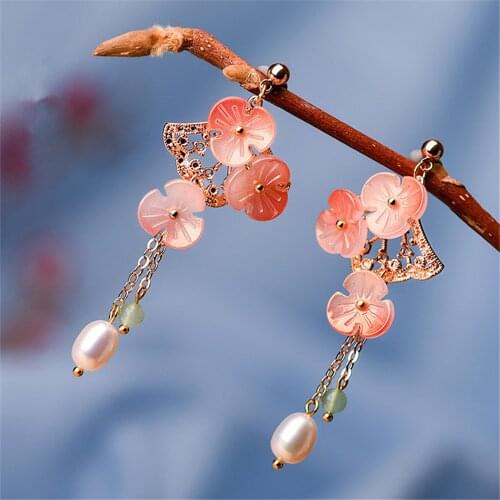 Retro Handmade Pink Glazed Petals Natural Pearls Ginkgo Leaves Chinese Style Long Tassels Earrings For Women Ethnic Jewelry