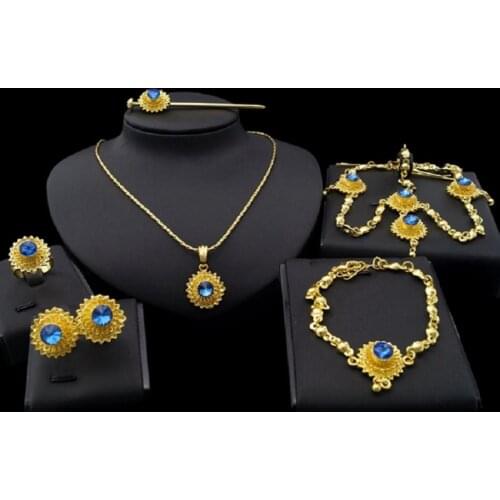 Yulaili Wholesale Ethiopia Jewelry Sets Classic Design Women Necklace Earrings Bracelet Ring Headwear Wedding Accessories