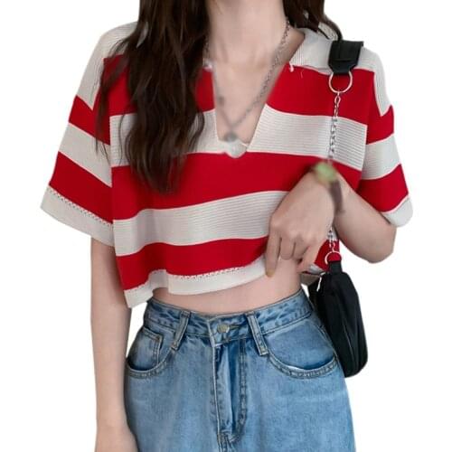 Women Stripe V-neck Short Sleeve Tshirt Korean Style Summer Casual Tee Shirt Tops Streetwear