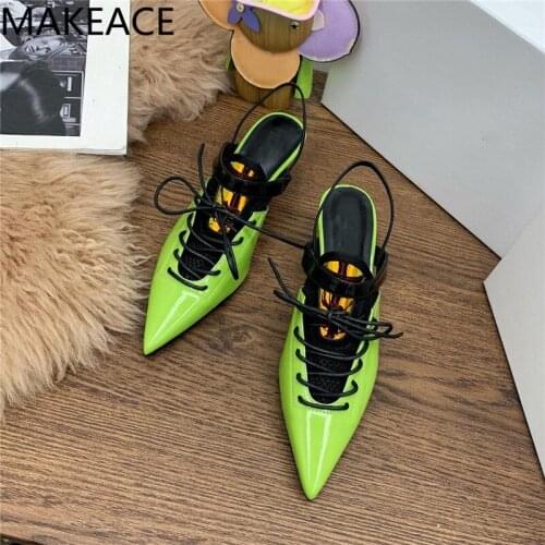 Fruit Green Runway Shoes Women Patent Leather Lace Up Designer Shoes Female Kitten Heels Party Shoes Woman Spring Women Sandals