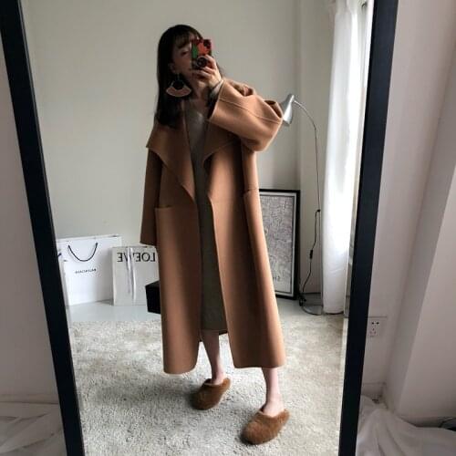 2019 New Women Wool Long Coat Autumn Winter Cashmere Side Slit Big Turn-down Collar Warm Coats Camel Black Grey Color