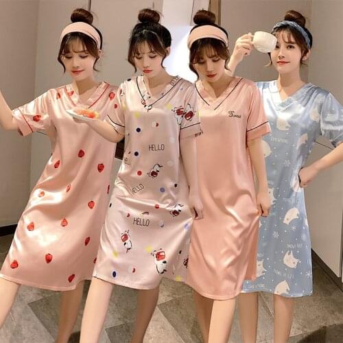 2021 Summer Sexy Lingerie V-neck Silk Satin Print Nightgowns for Women Short Sleeve Sleepwear Nightdress Night Home Dress Nighty