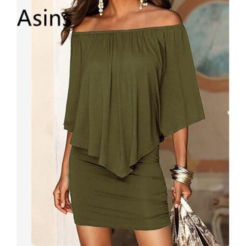 Asins dress women 2019 summer new hot casual fashion slash neck high waist solid color short sleeve ruffles sexy strapless dress
