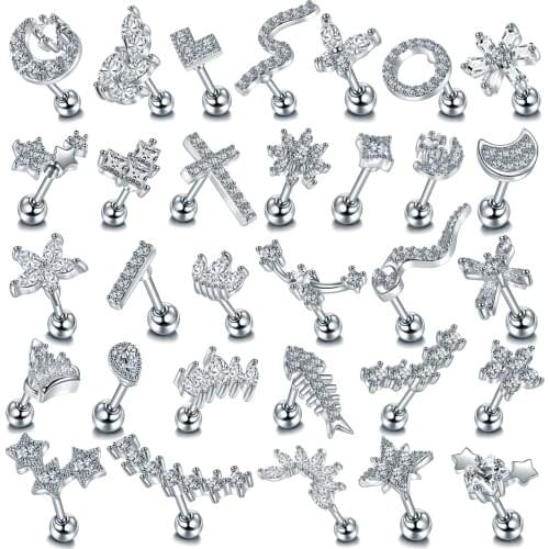 1Pc Moon Star Flower Heart Cross Marquise Steel Barbell CZ Tragus Diath Cartilage Helix Rook Piercing Earring
