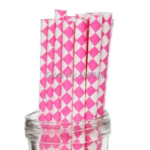 100pcs Mixed Colors Old Fashioned Decorative Baby Shower Party Hot Pink Harlequin Diamond Paper Straws