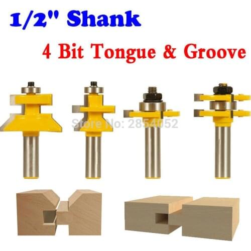 4 PC 1/2" Shank Tongue & Groove and V-notch Router Bit Set Line knife Woodworking cutter Tenon Cutter for Woodworking Tools