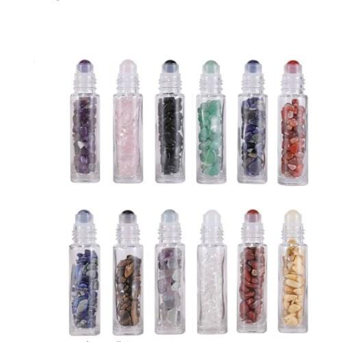 5pcs Natural Semiprecious Stones Essential Oil Gemstone Roller Ball Bottles Transparent Glass 10ml Healing Crystal Chips Inside